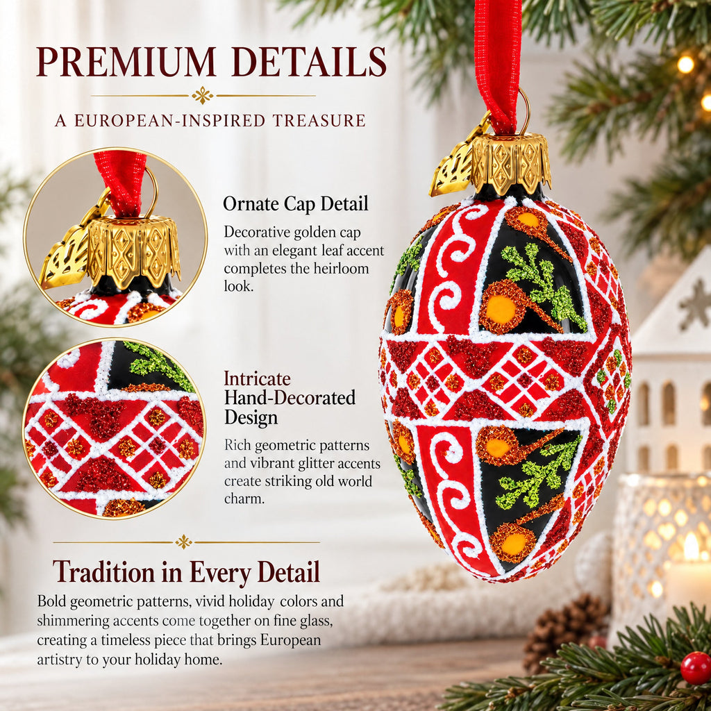 Black with Red, Green, and Gold Glitter Cross Pattern Mini Glass Egg Ornament 2.9 Inches