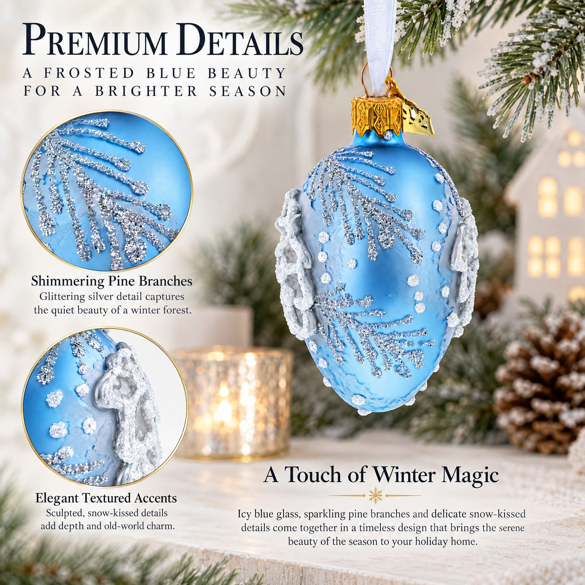 Icy Blue with Silver Pinecone and Snow Design Mini Glass Egg Ornament 2.9 Inches