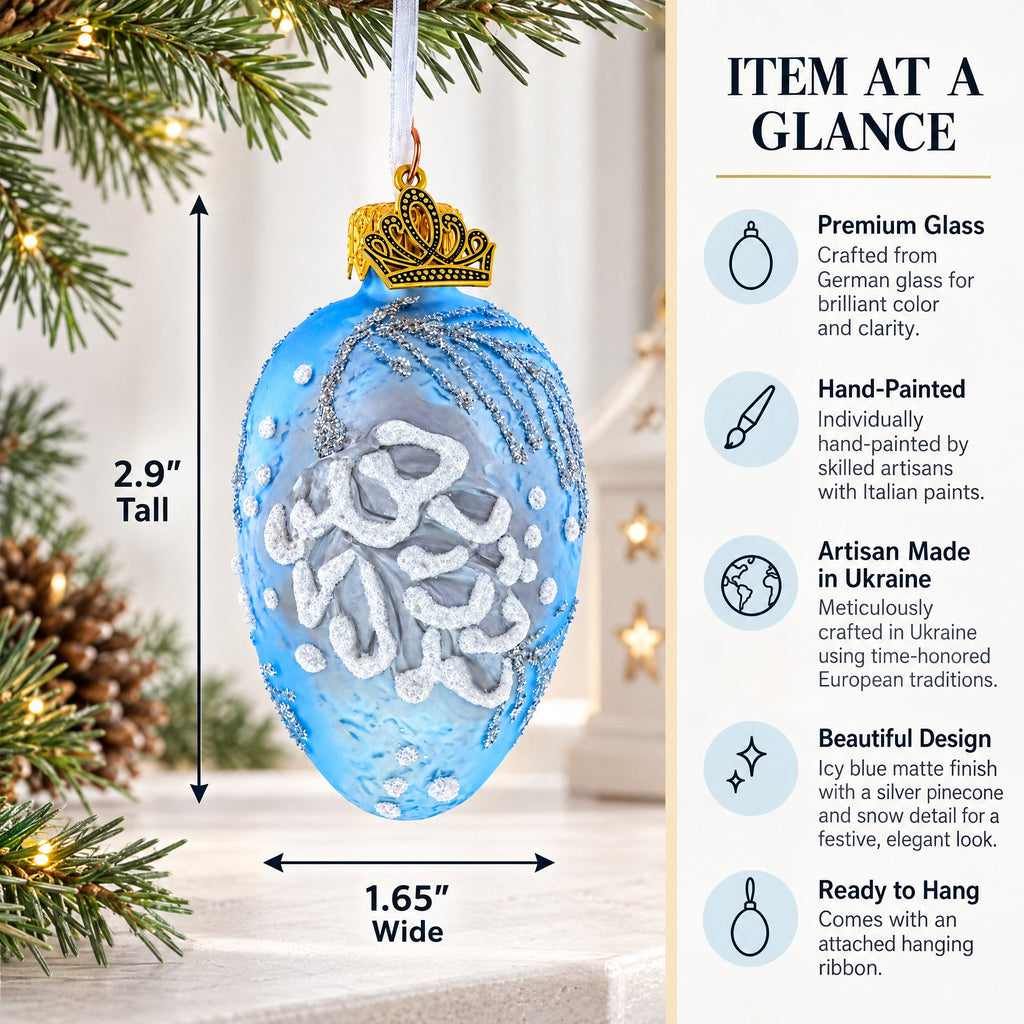 Icy Blue with Silver Pinecone and Snow Design Mini Glass Egg Ornament 2.9 Inches