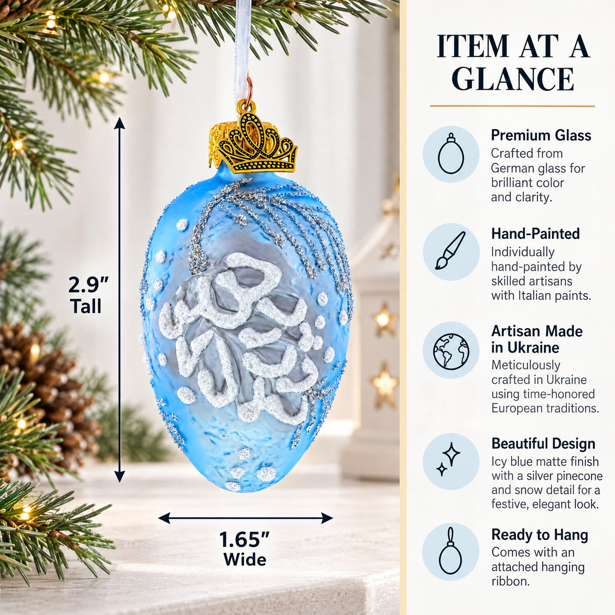 Icy Blue with Silver Pinecone and Snow Design Mini Glass Egg Ornament 2.9 Inches