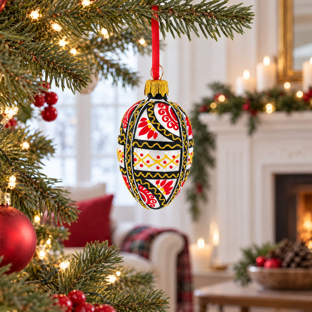 Ukrainian Geometric Red and Gold Mini Glass Egg Ornament 2.9 Inches