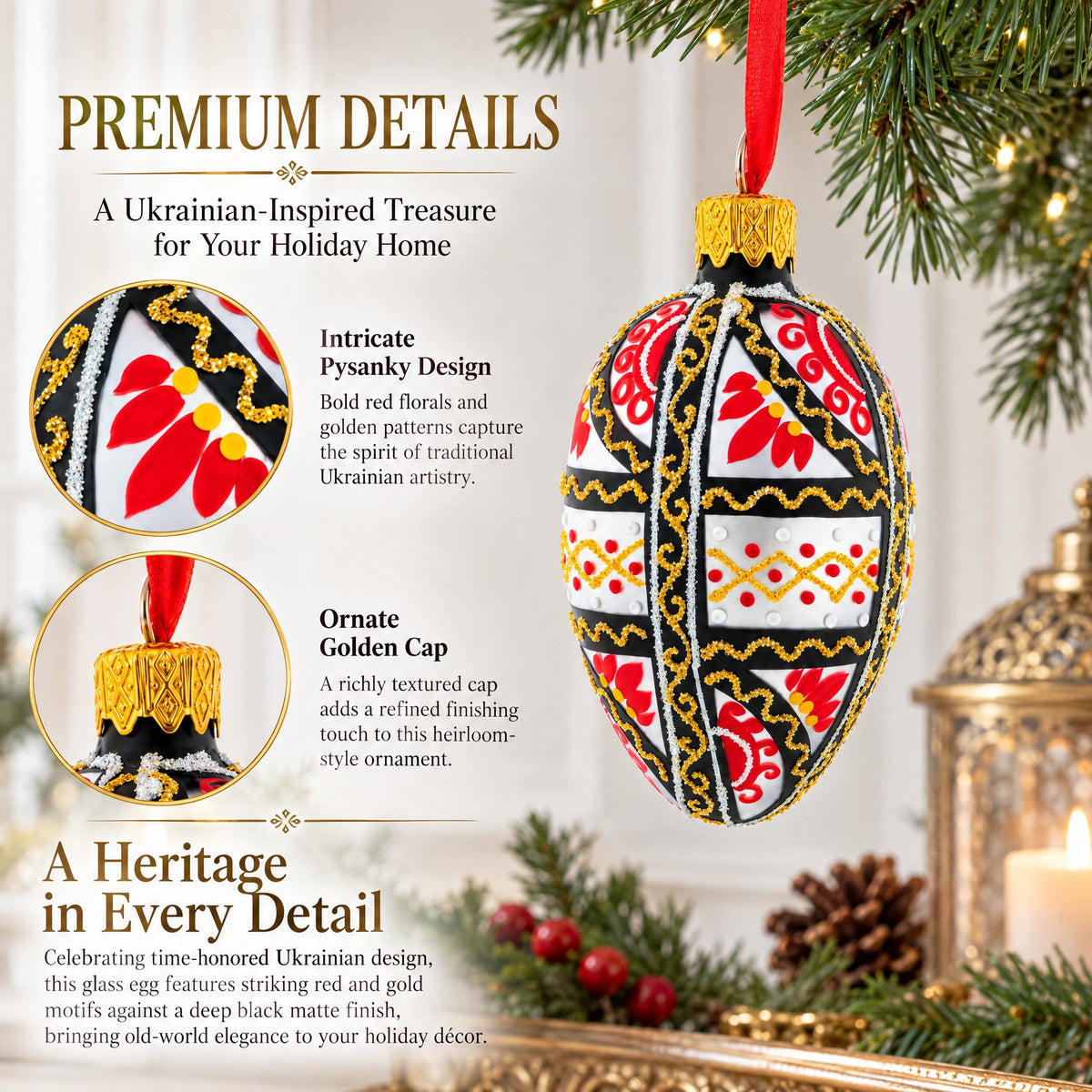 Ukrainian Geometric Red and Gold Mini Glass Egg Ornament 2.9 Inches