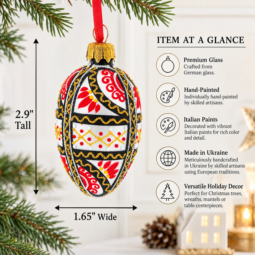 Ukrainian Geometric Red and Gold Mini Glass Egg Ornament 2.9 Inches