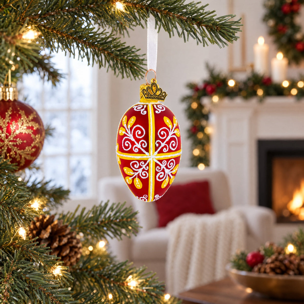 Red and Gold Swirl Design Mini Glass Egg Ornament 2.9 Inches