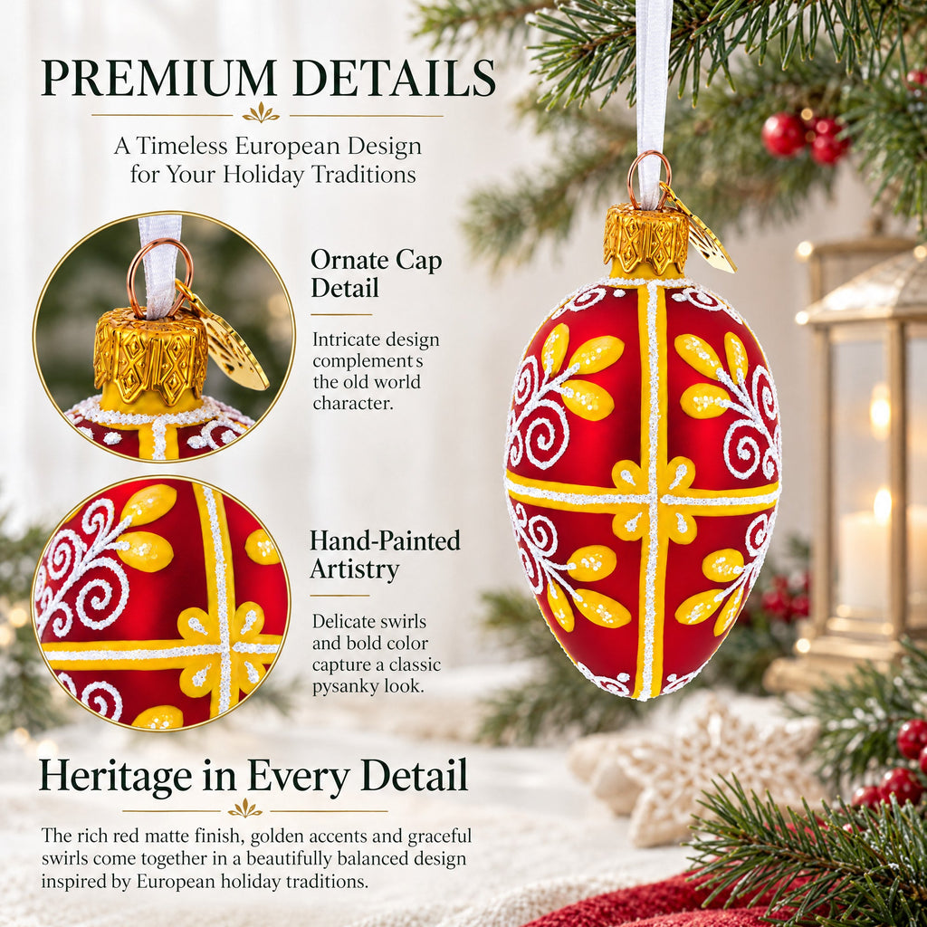 Red and Gold Swirl Design Mini Glass Egg Ornament 2.9 Inches