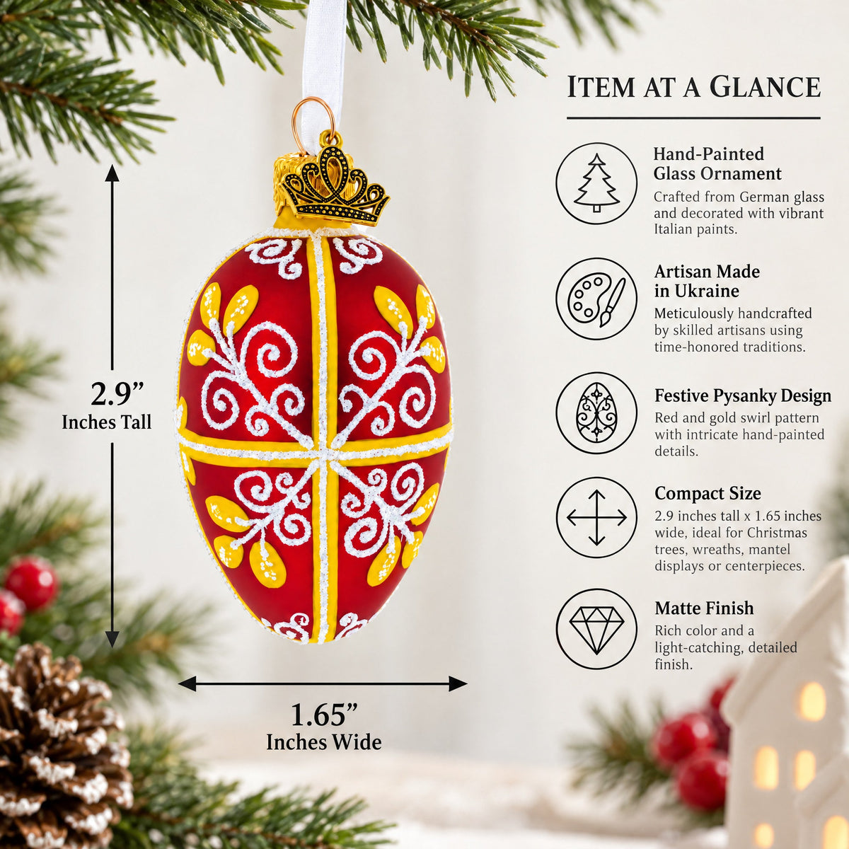Red and Gold Swirl Design Mini Glass Egg Ornament 2.9 Inches