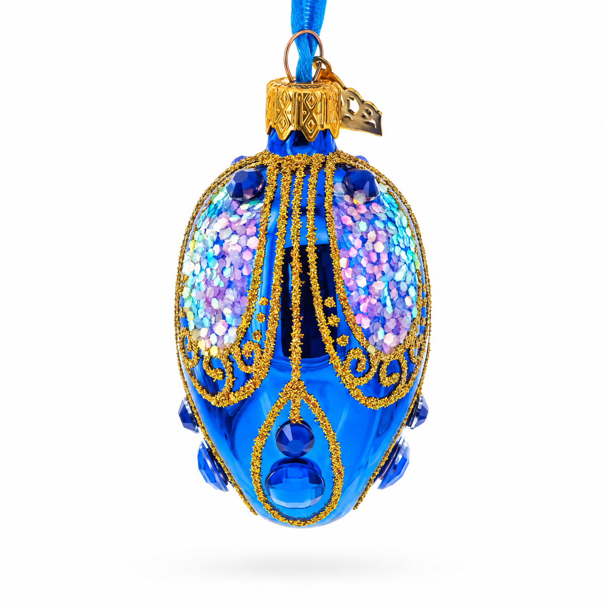 Royal Blue with Gold Glitter and Iridescent Sequins Mini Glass Egg Ornament 2.9 Inches