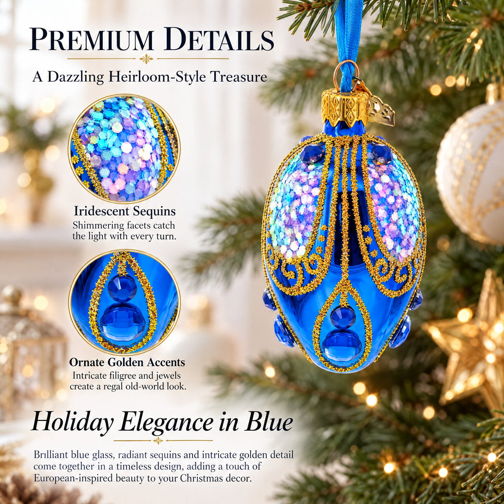 Royal Blue with Gold Glitter and Iridescent Sequins Mini Glass Egg Ornament 2.9 Inches