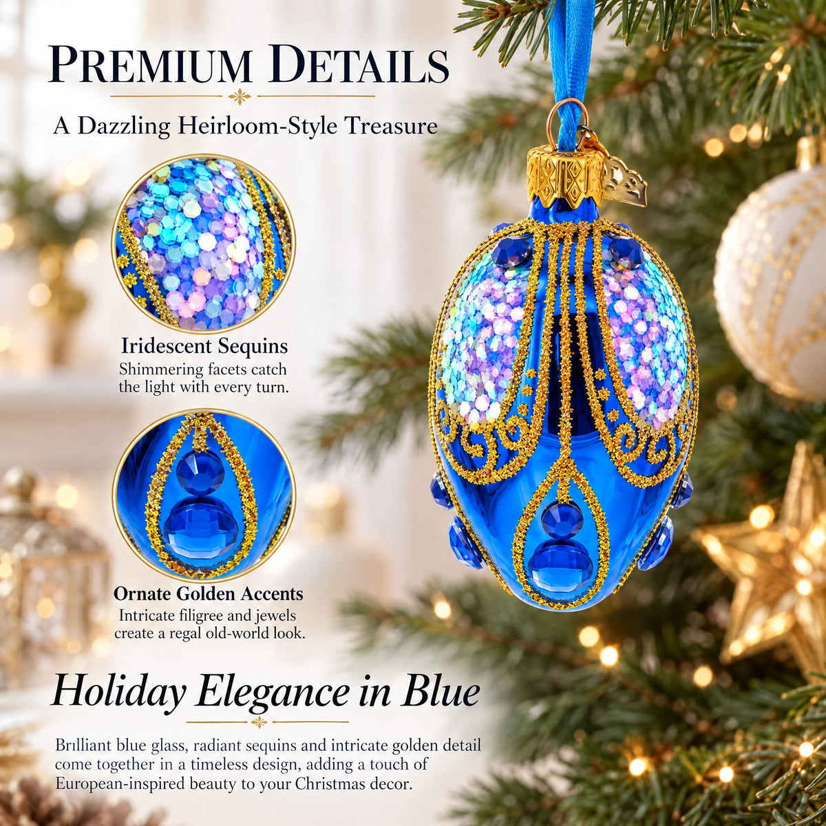Royal Blue with Gold Glitter and Iridescent Sequins Mini Glass Egg Ornament 2.9 Inches