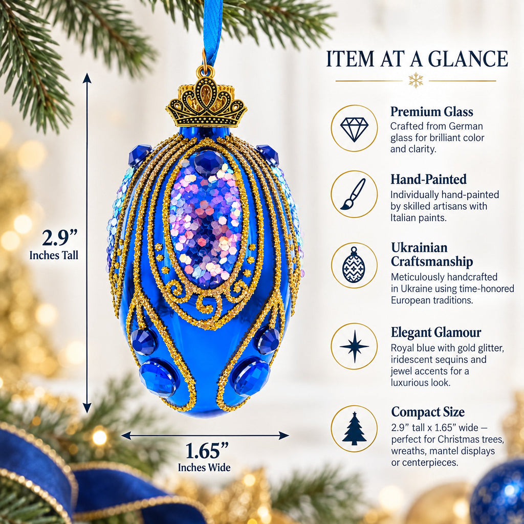 Royal Blue with Gold Glitter and Iridescent Sequins Mini Glass Egg Ornament 2.9 Inches