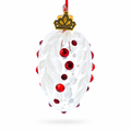 White with Red Gem Accents and Leaf Design Mini Glass Egg Ornament 2.9 Inches