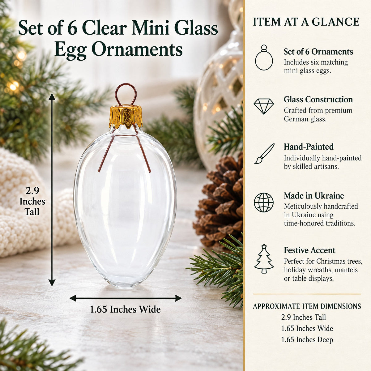 Set of 6 Clear Mini Glass Egg Ornaments 2.9 Inches