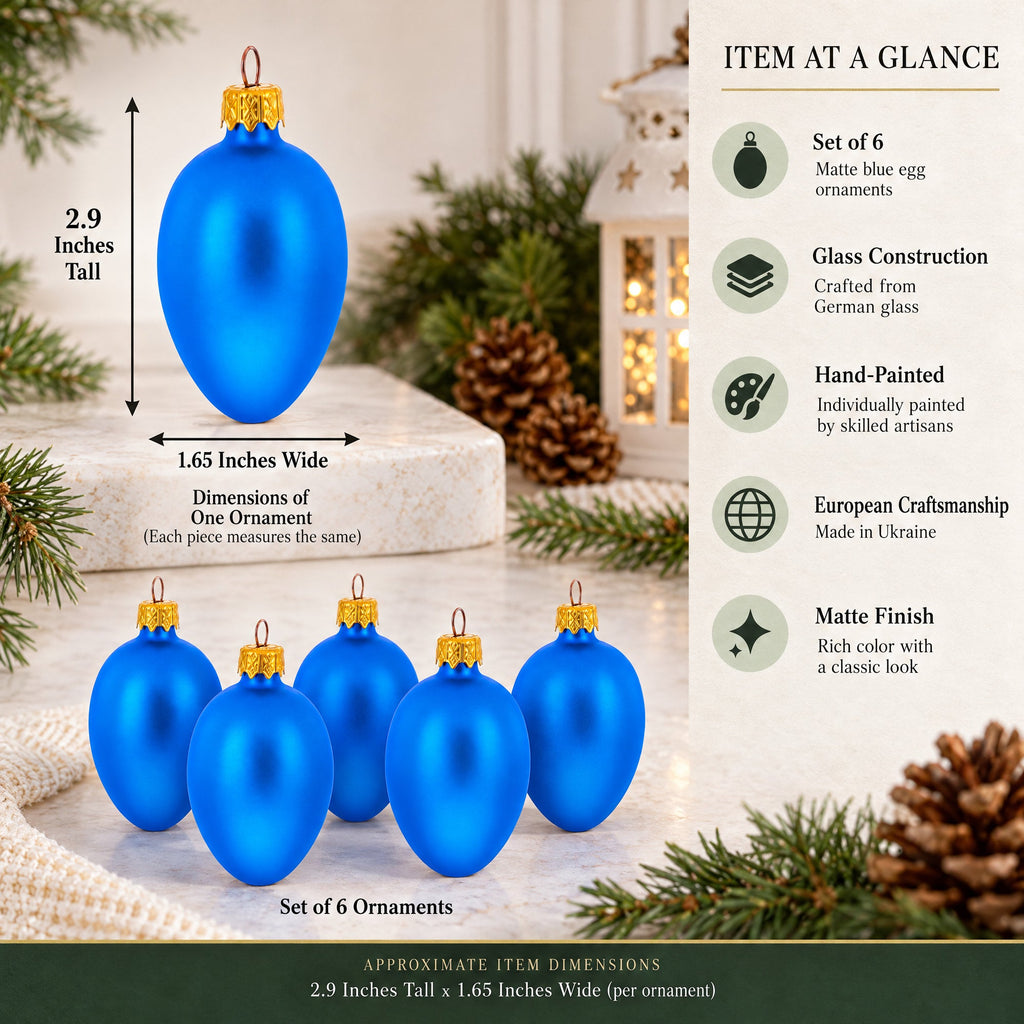 Set of 6 Matte Blue  Mini Glass Egg Ornaments 2.9 Inches