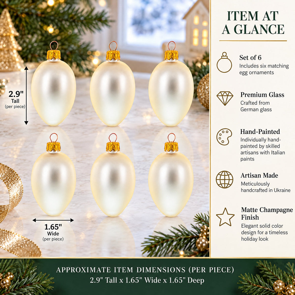 Set of 6 Champagne Mini Glass Egg Ornaments 2.9 Inches