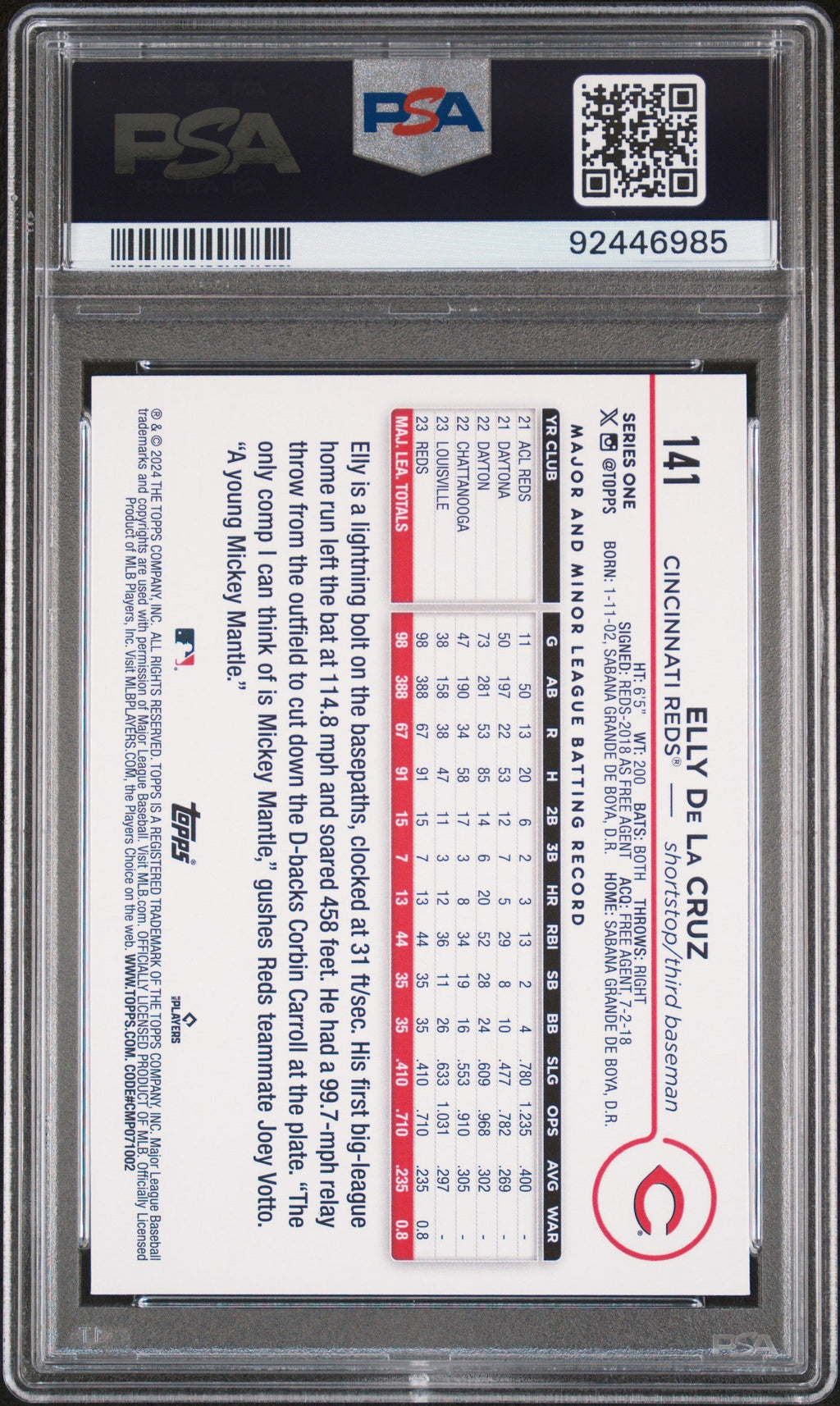 Graded 2024 Topps Elly De La Cruz #141 Rookie RC Baseball Card PSA 8 Near Mint