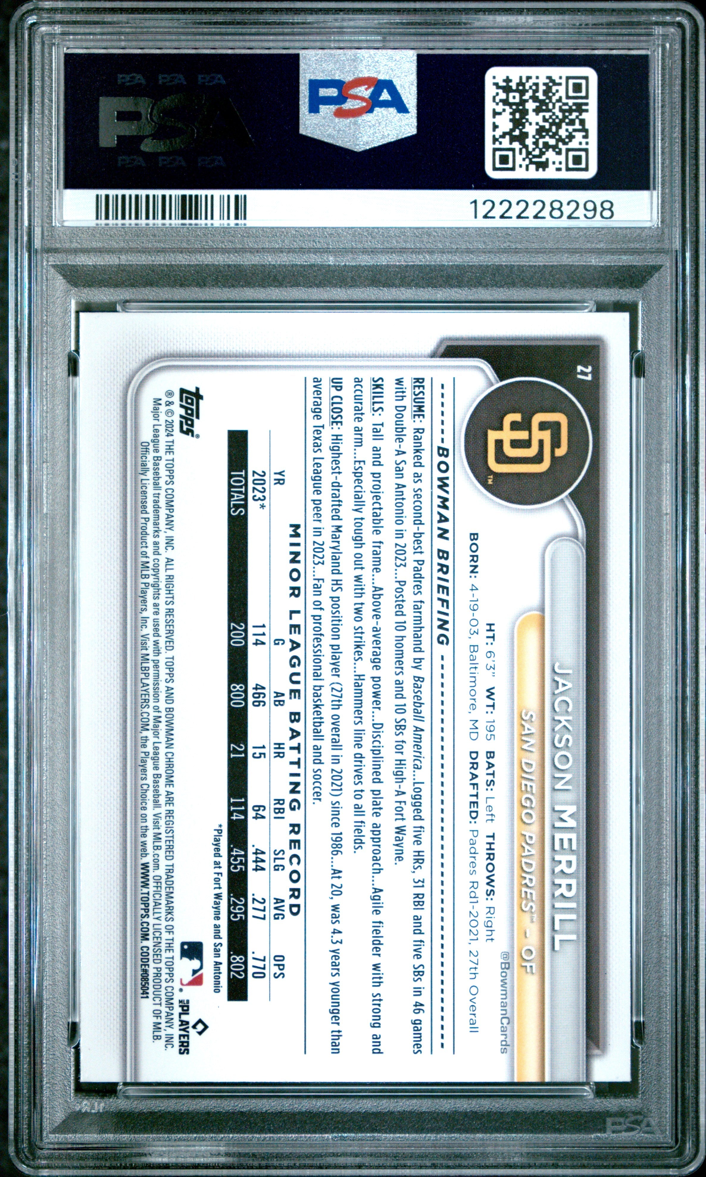 Graded 2024 Topps Bowman Chrome Jackson Merrill #27 Rookie RC Baseball Card PSA 9 Mint