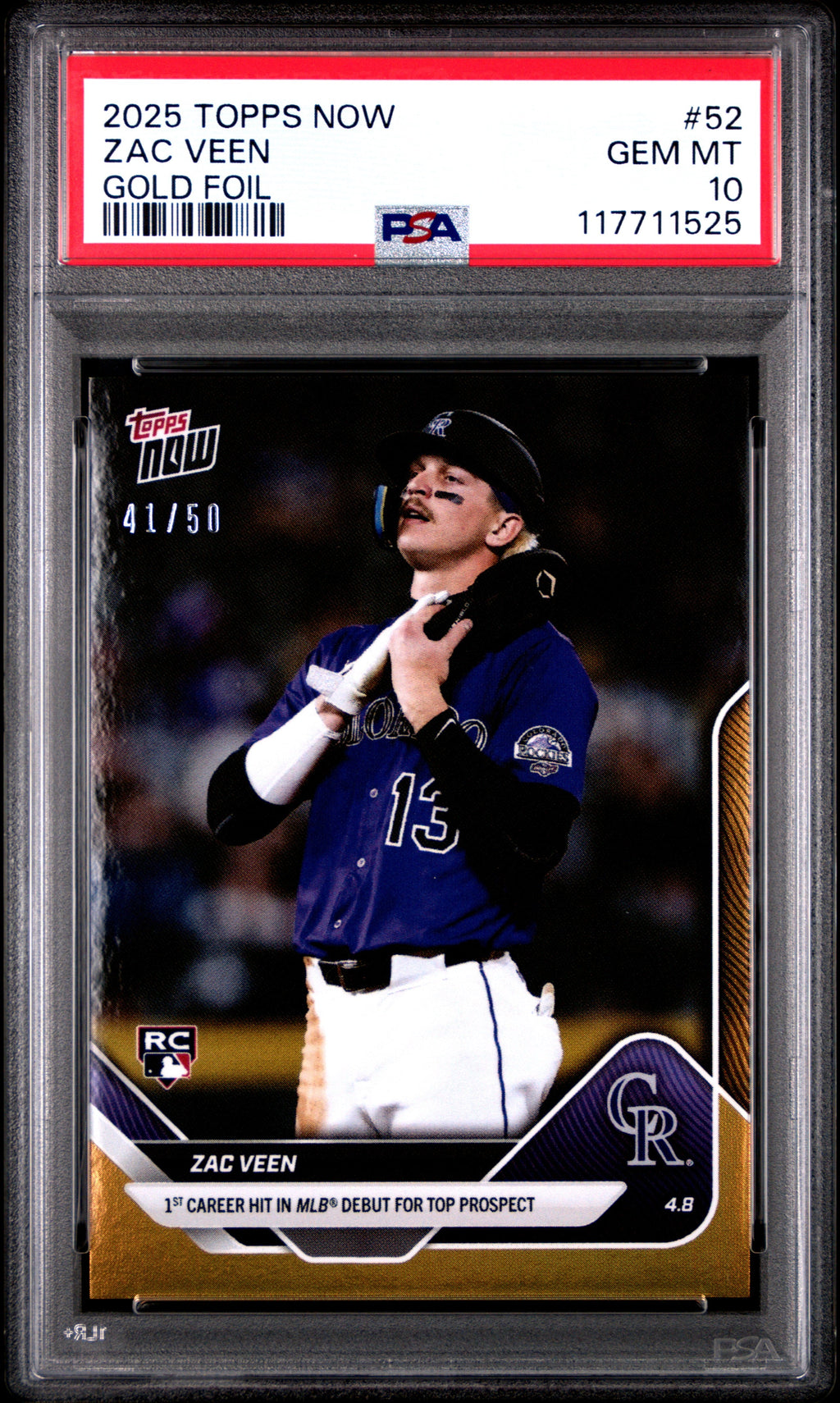 Graded 2025 Topps Now Zac Veen #52 Gold Foil /50 Rookie RC Baseball Card PSA 10 Gem Mint