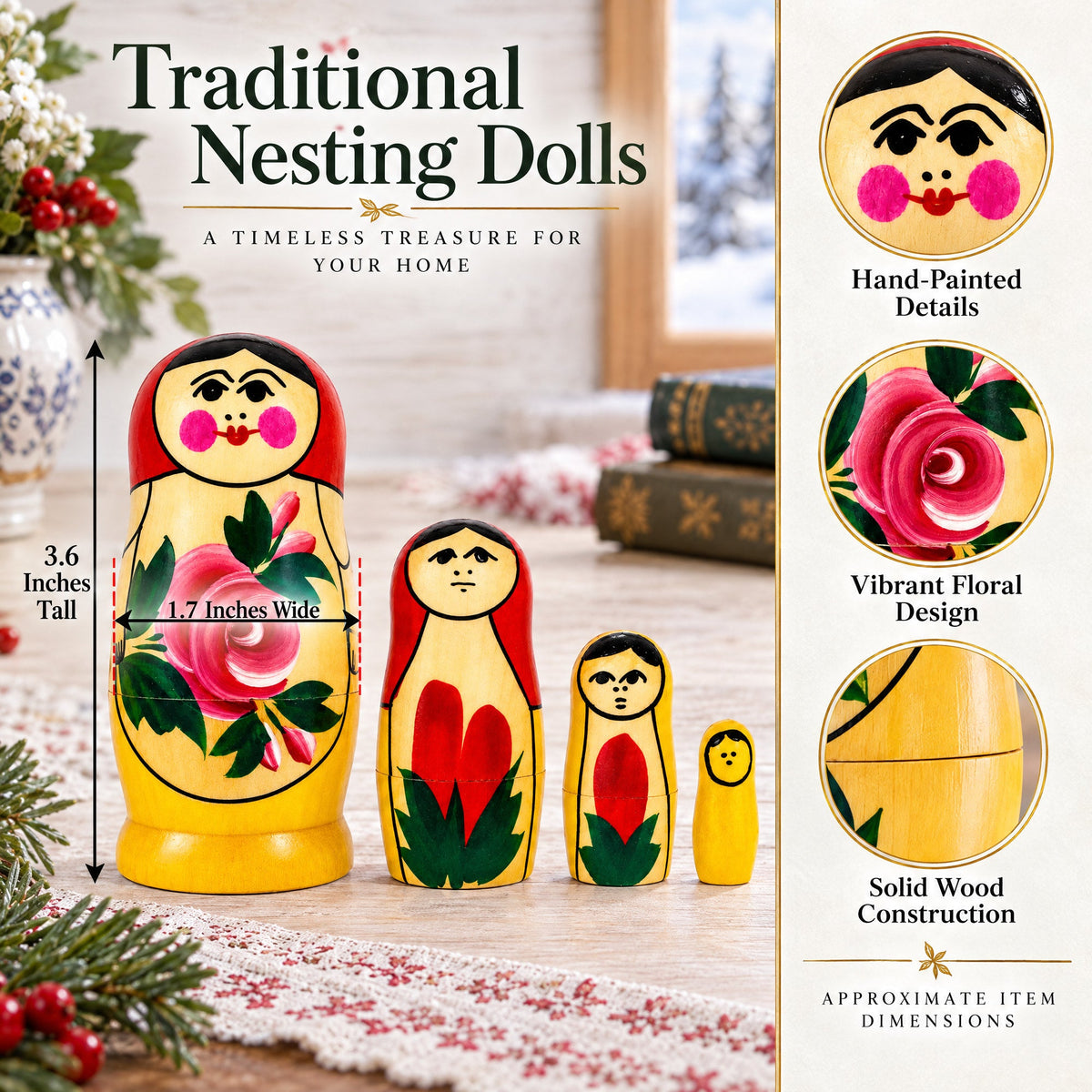 Wooden Semenov Red Scarf Nesting Dolls - Stacking Matryoshka 3.6 Inches