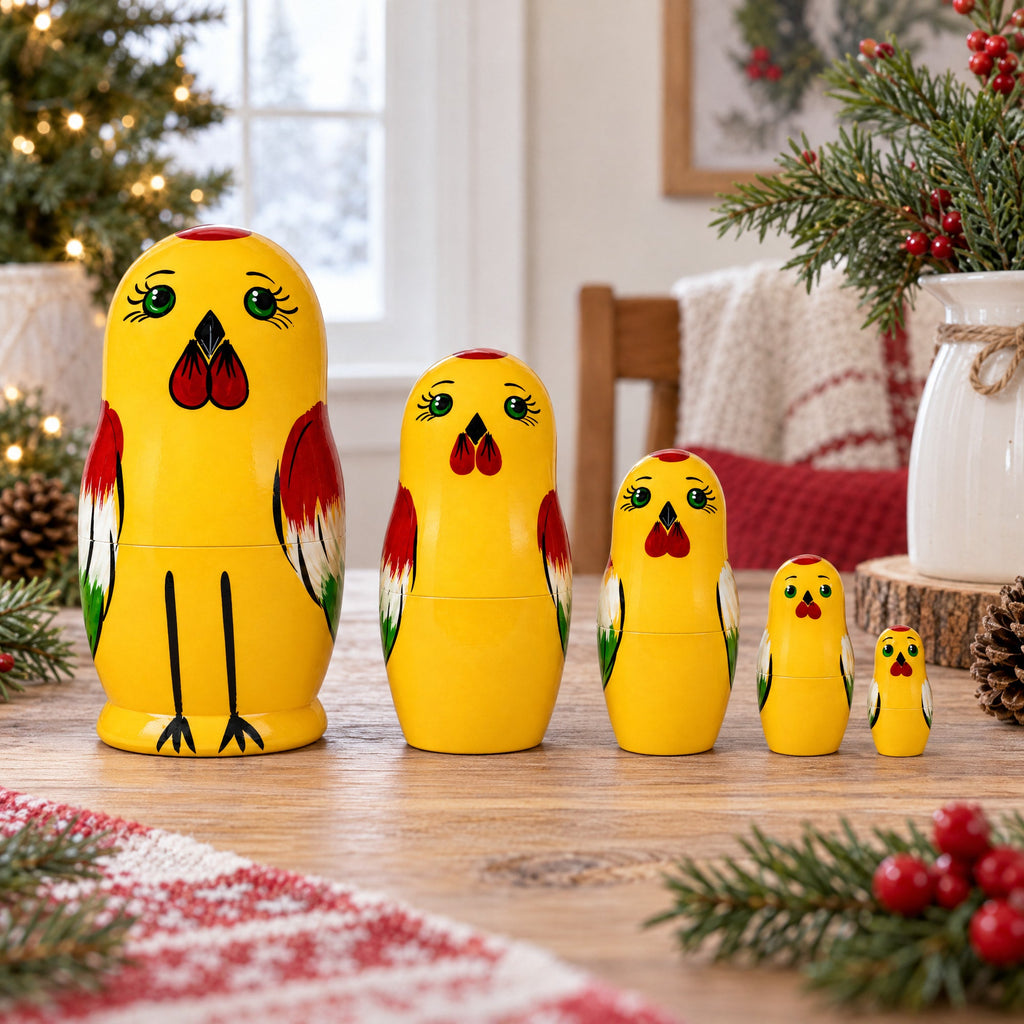 Set of 5 Rooster Family Wooden Nesting Dolls