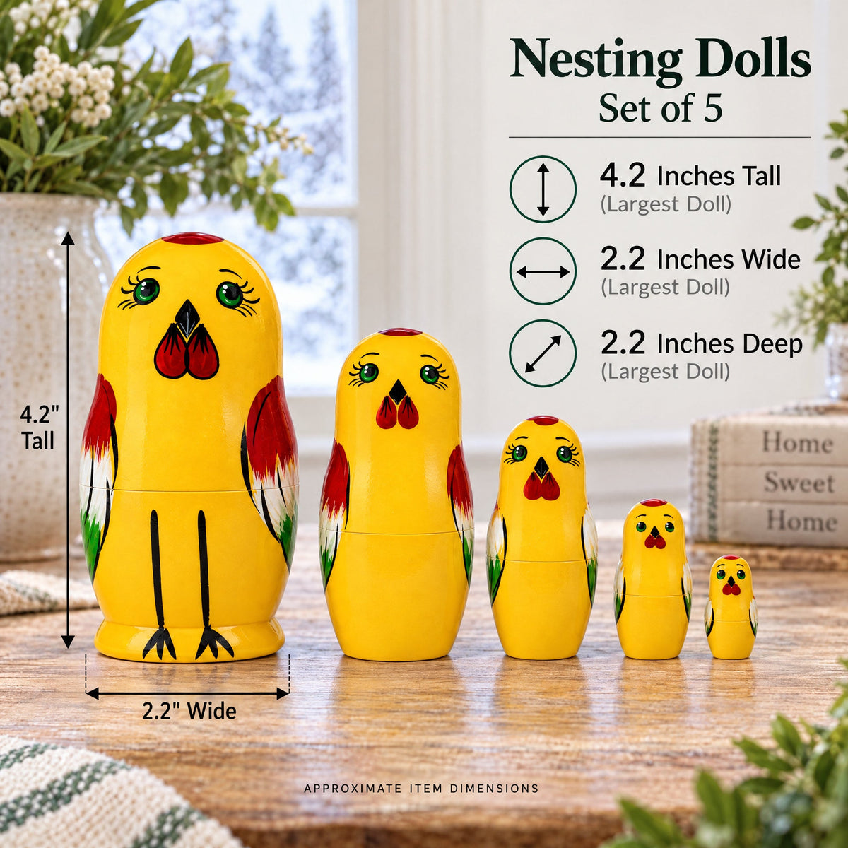 Set of 5 Rooster Family Wooden Nesting Dolls