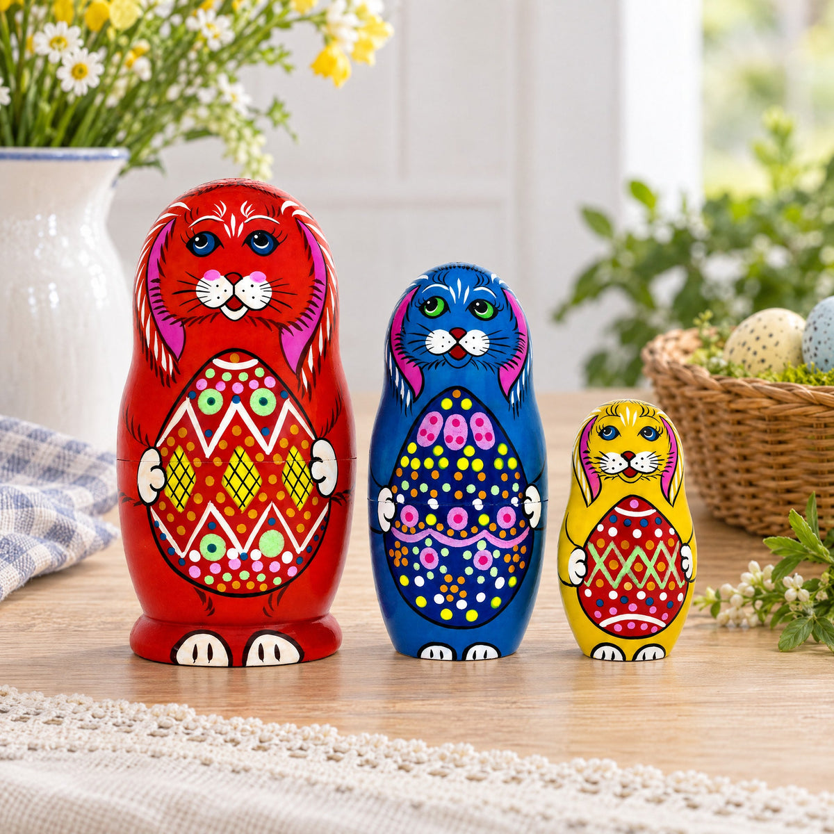 Wooden Easter Bunny Nesting Dolls - Spring Stacking Matryoshka 4.13 Inches