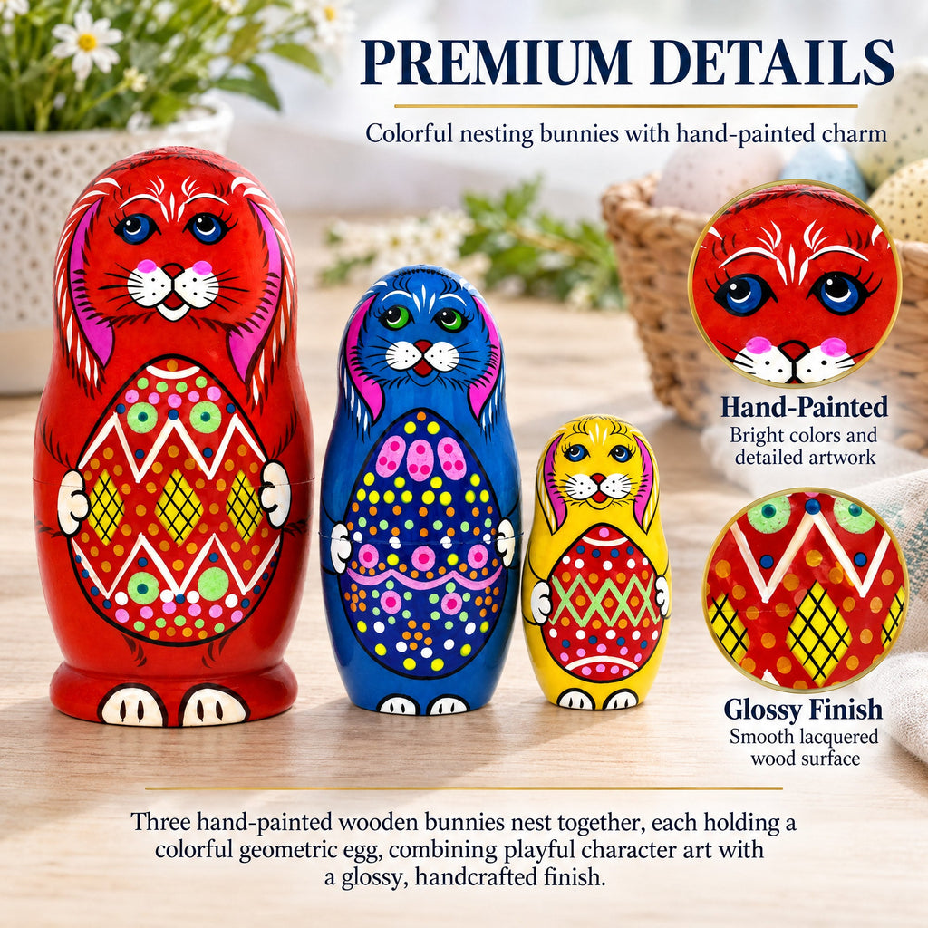 Wooden Easter Bunny Nesting Dolls - Spring Stacking Matryoshka 4.13 Inches