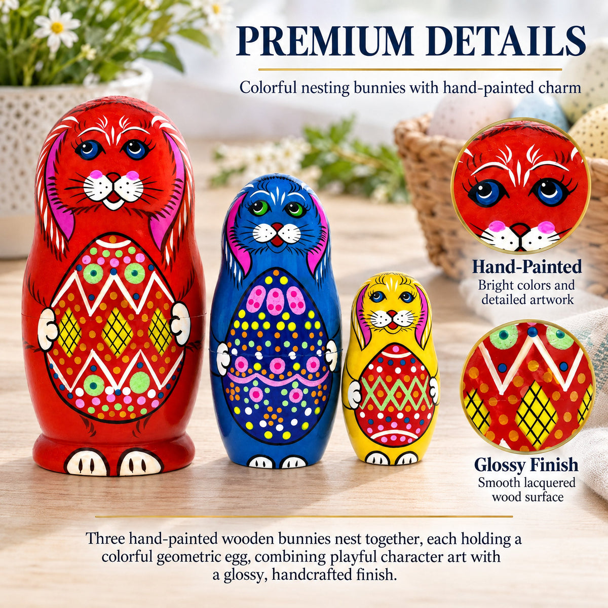 Wooden Easter Bunny Nesting Dolls - Spring Stacking Matryoshka 4.13 Inches