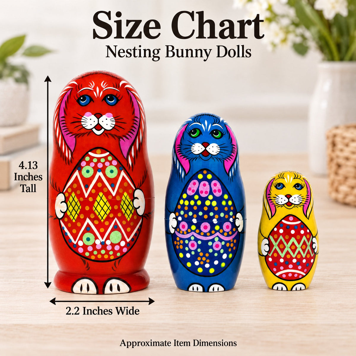 Wooden Easter Bunny Nesting Dolls - Spring Stacking Matryoshka 4.13 Inches