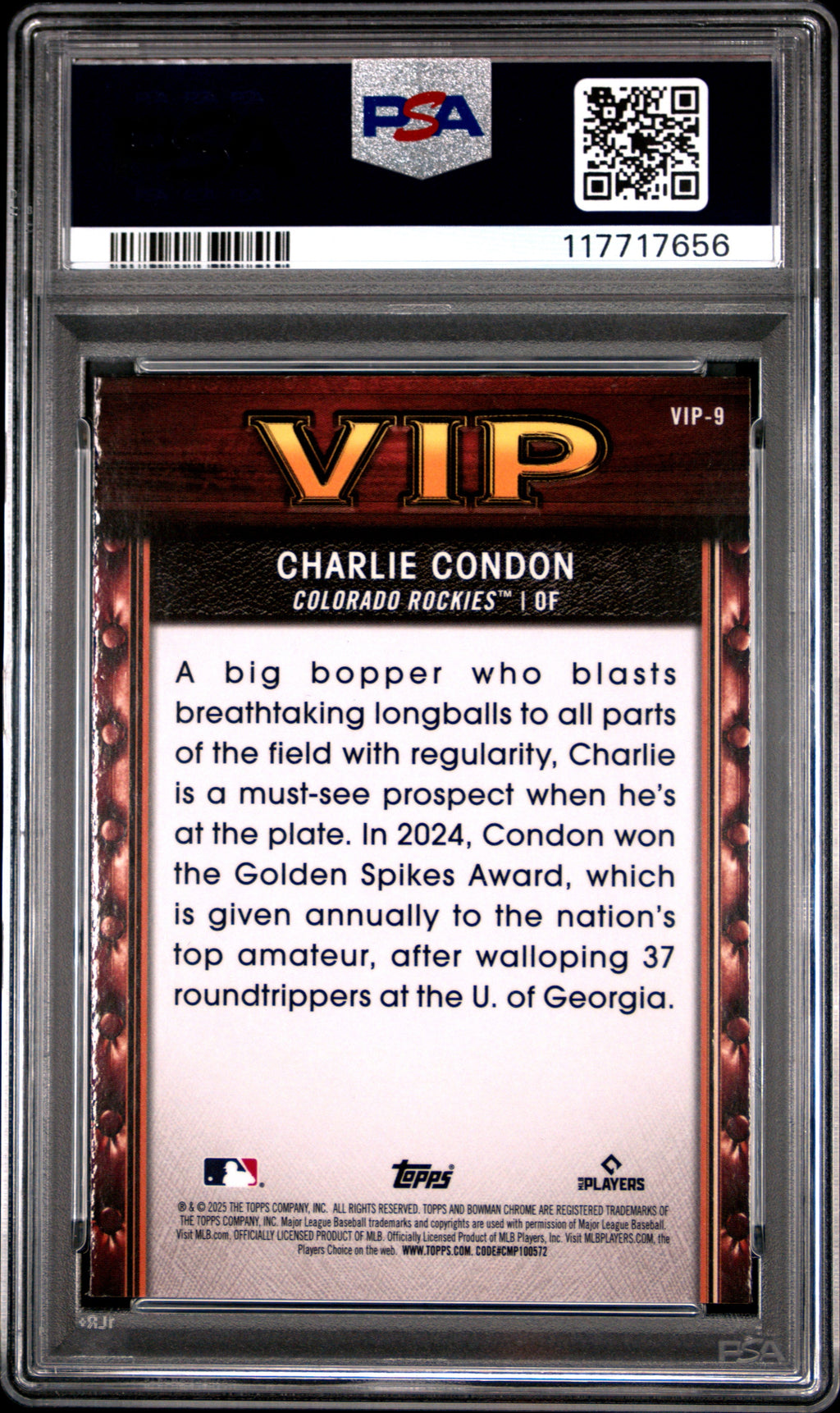 Graded 2025 Topps Bowman Charlie Condon #VIP9 Very Important Prospects Rookie RC Baseball Card PSA 10 Gem Mint