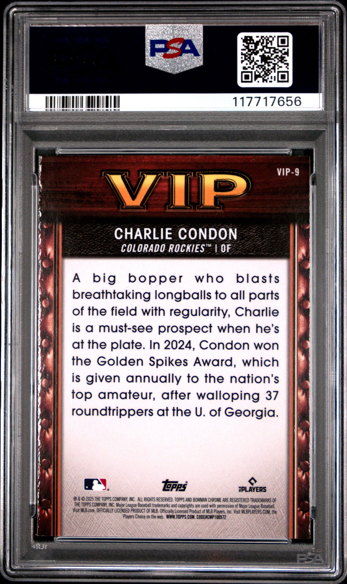 Graded 2025 Topps Bowman Charlie Condon #VIP9 Very Important Prospects Rookie RC Baseball Card PSA 10 Gem Mint