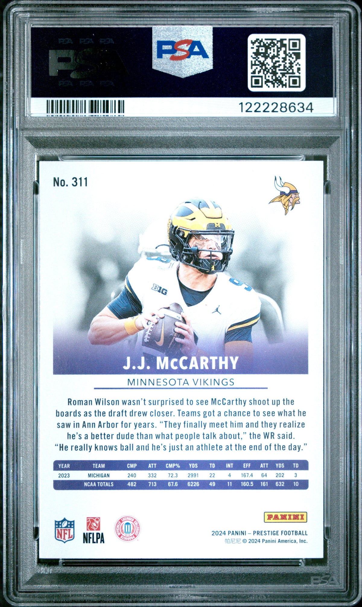 Graded 2024 Panini Prestige JJ McCarthy #311 Rookie RC Football Card PSA 9 Mint