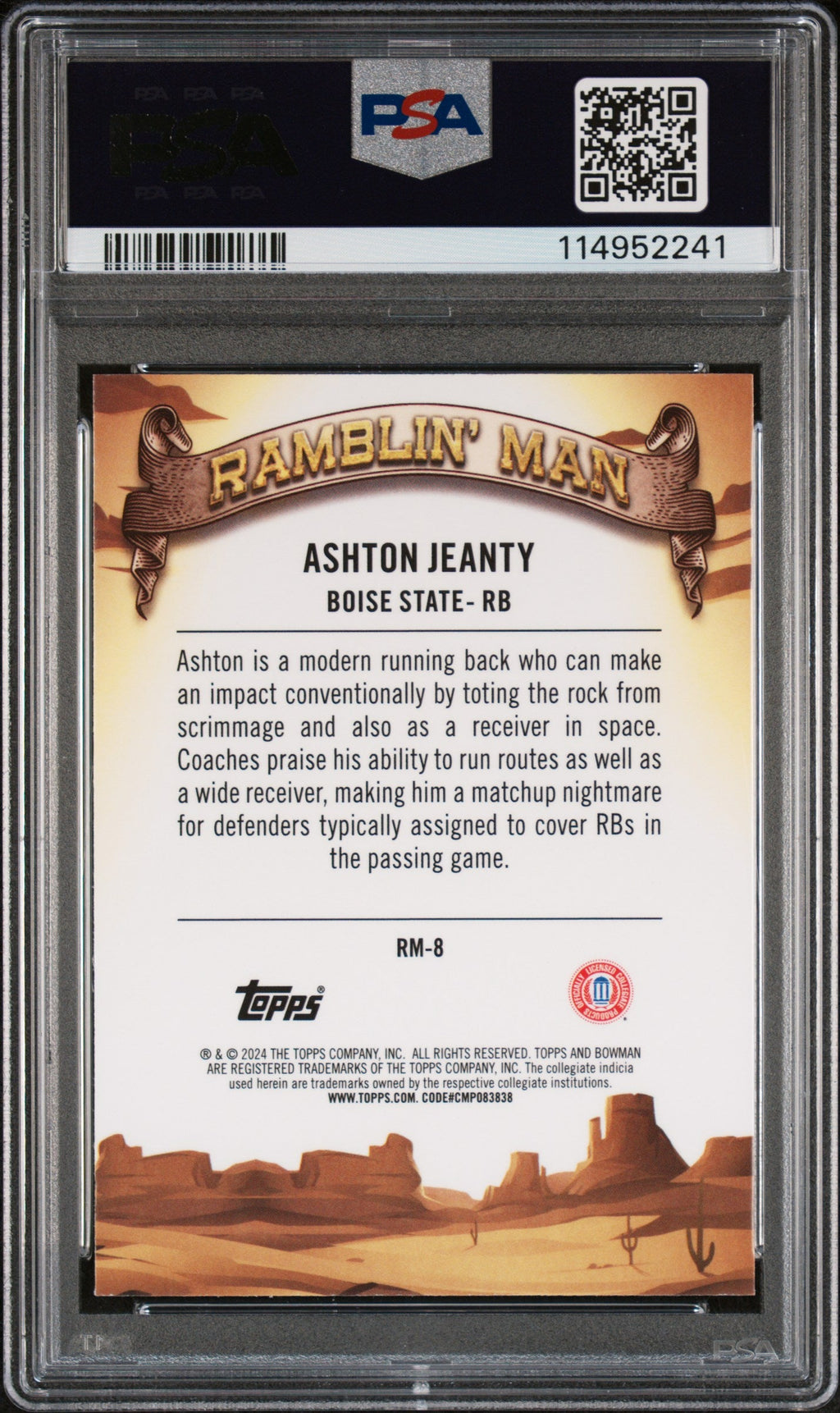 Graded 2024 Topps Bowman U Chrome Ashton Jeanty #RM8 Ramblin Man Rookie RC Football Card PSA 10 Gem Mint
