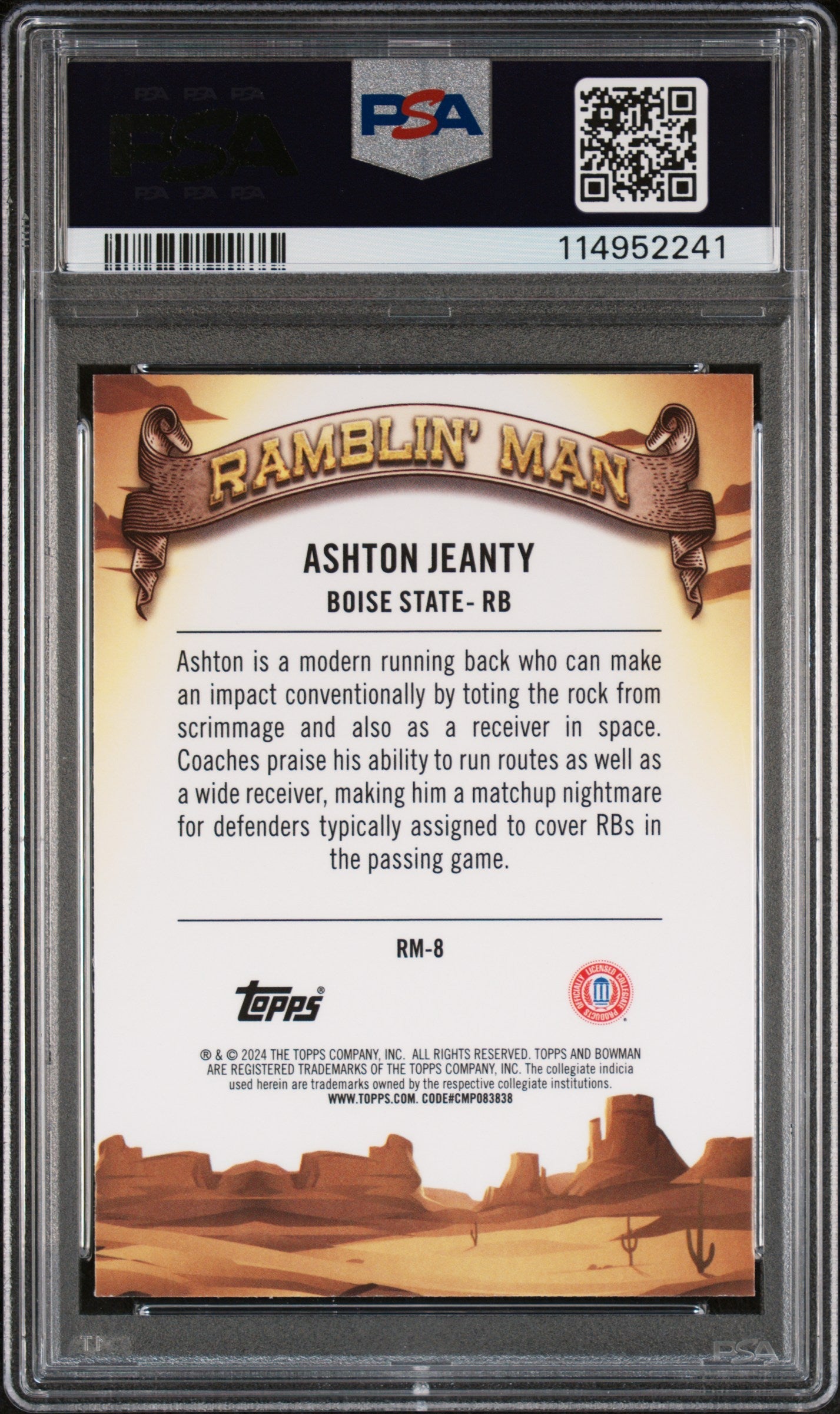 Graded 2024 Topps Bowman U Chrome Ashton Jeanty #RM8 Ramblin Man Rookie RC Football Card PSA 10 Gem Mint