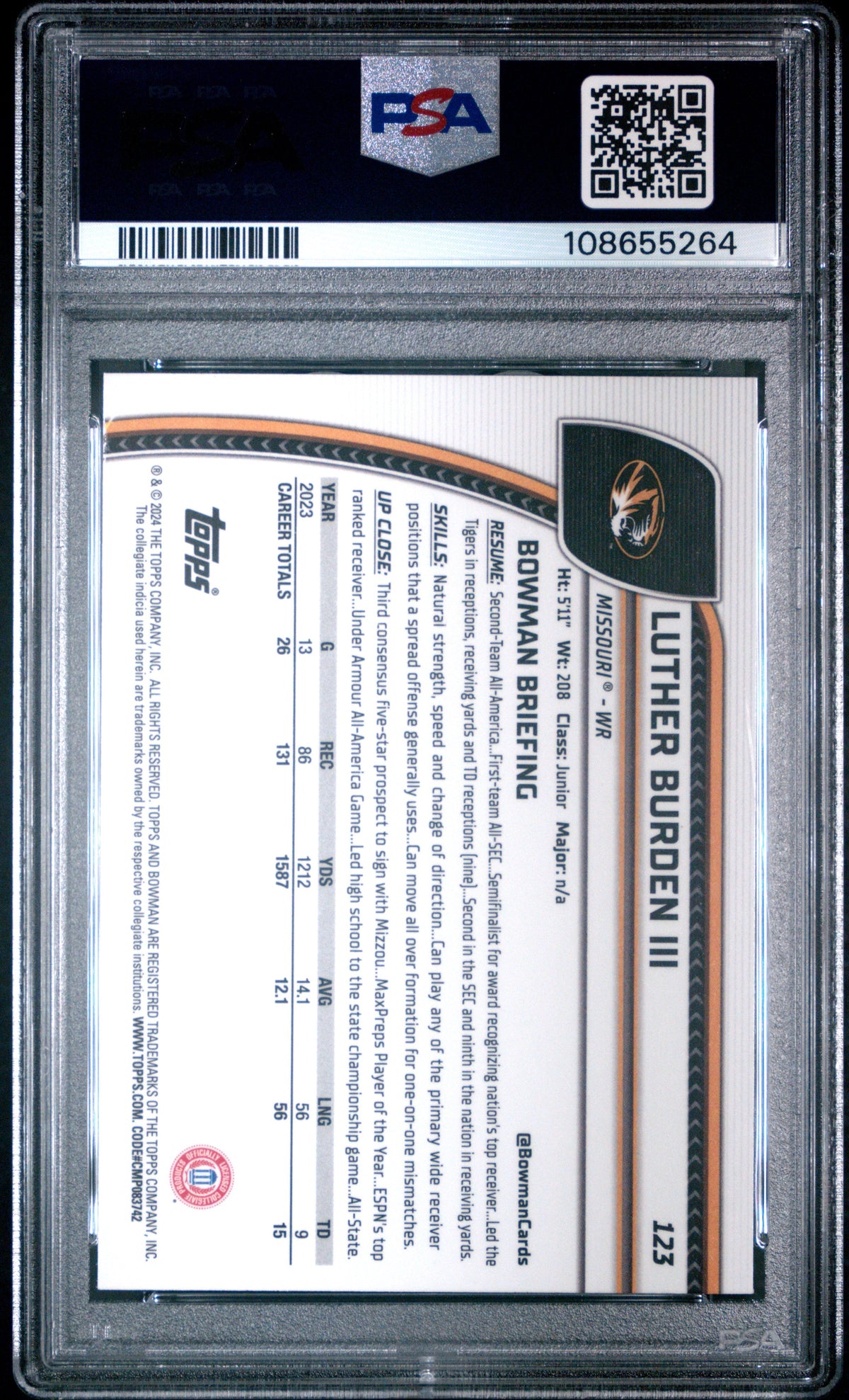 Graded 2024 Topps Bowman U Chrome Luther Burden III #123 Rookie RC Football Card PSA 10 Gem Mint