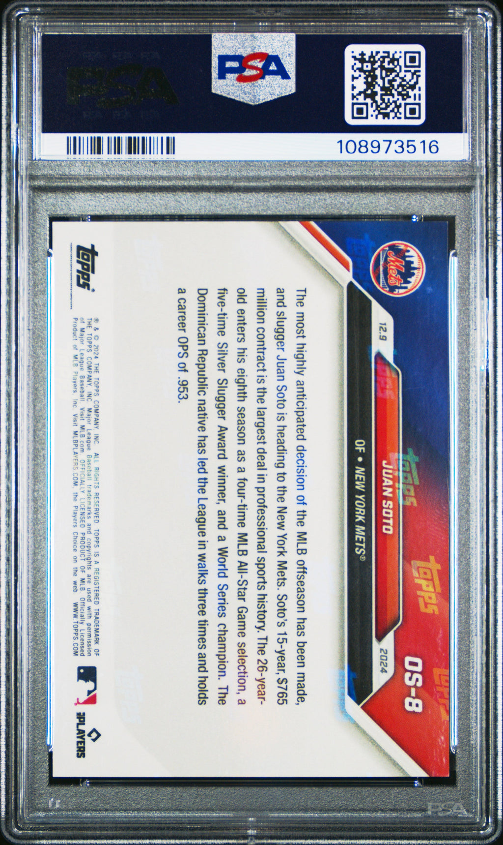 Graded 2024 Topps Now Juan Soto #OS8 Offseason Baseball Card PSA 9 Mint