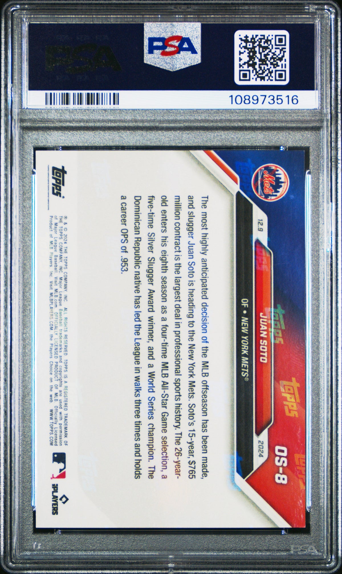 Graded 2024 Topps Now Juan Soto #OS8 Offseason Baseball Card PSA 9 Mint