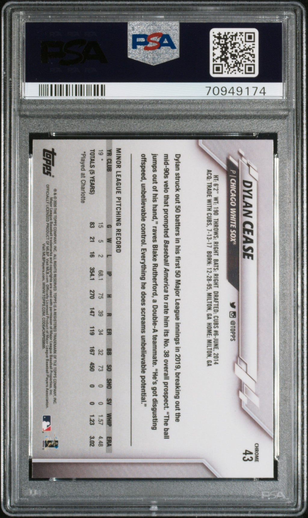 Graded 2020 Topps Chrome Dylan Cease #43 Rookie RC Baseball Card PSA 10 Gem Mint