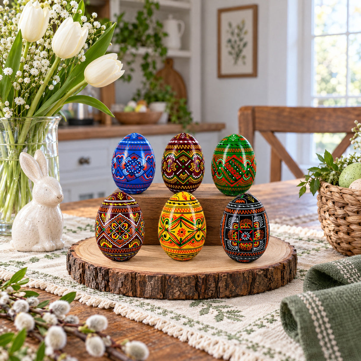 Set of 6 Geometric Pysanky Ukrainian Wooden Easter Eggs 2.5 Inches