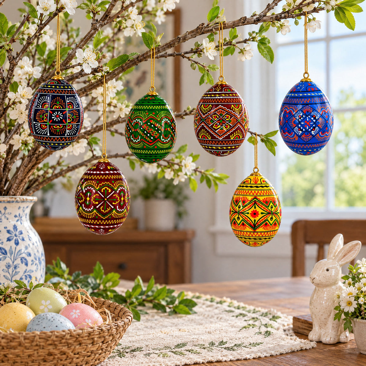 Set of 6 Ukrainian Geometric Wooden Pysanky Easter Eggs Ornaments