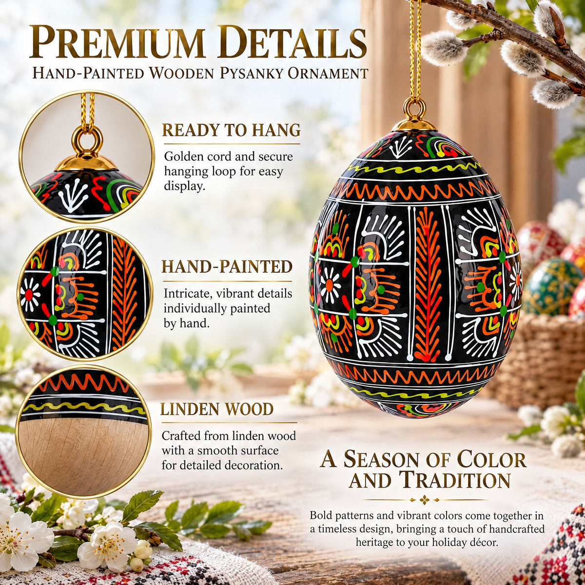 Set of 6 Ukrainian Geometric Wooden Pysanky Easter Eggs Ornaments