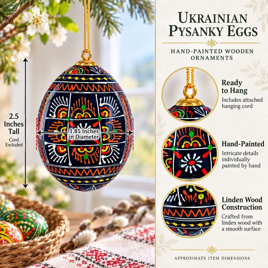 Set of 6 Ukrainian Geometric Wooden Pysanky Easter Eggs Ornaments