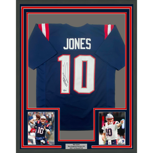 Framed Autographed/Signed Mac Jones 35x39 New England Blue Football Jersey Beckett BAS COA