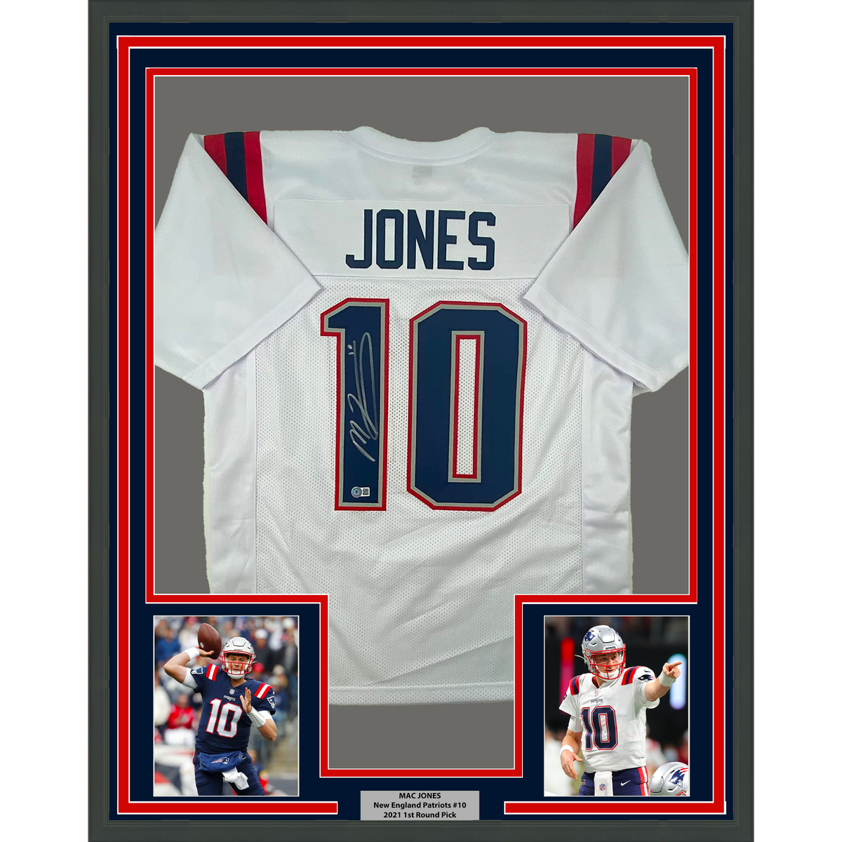 Framed Autographed/Signed Mac Jones 35x39 New England White Football Jersey Beckett BAS COA