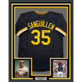 Framed Autographed/Signed Manny Sanguillen 35x39 Pittsburgh Black Baseball Jersey JSA COA