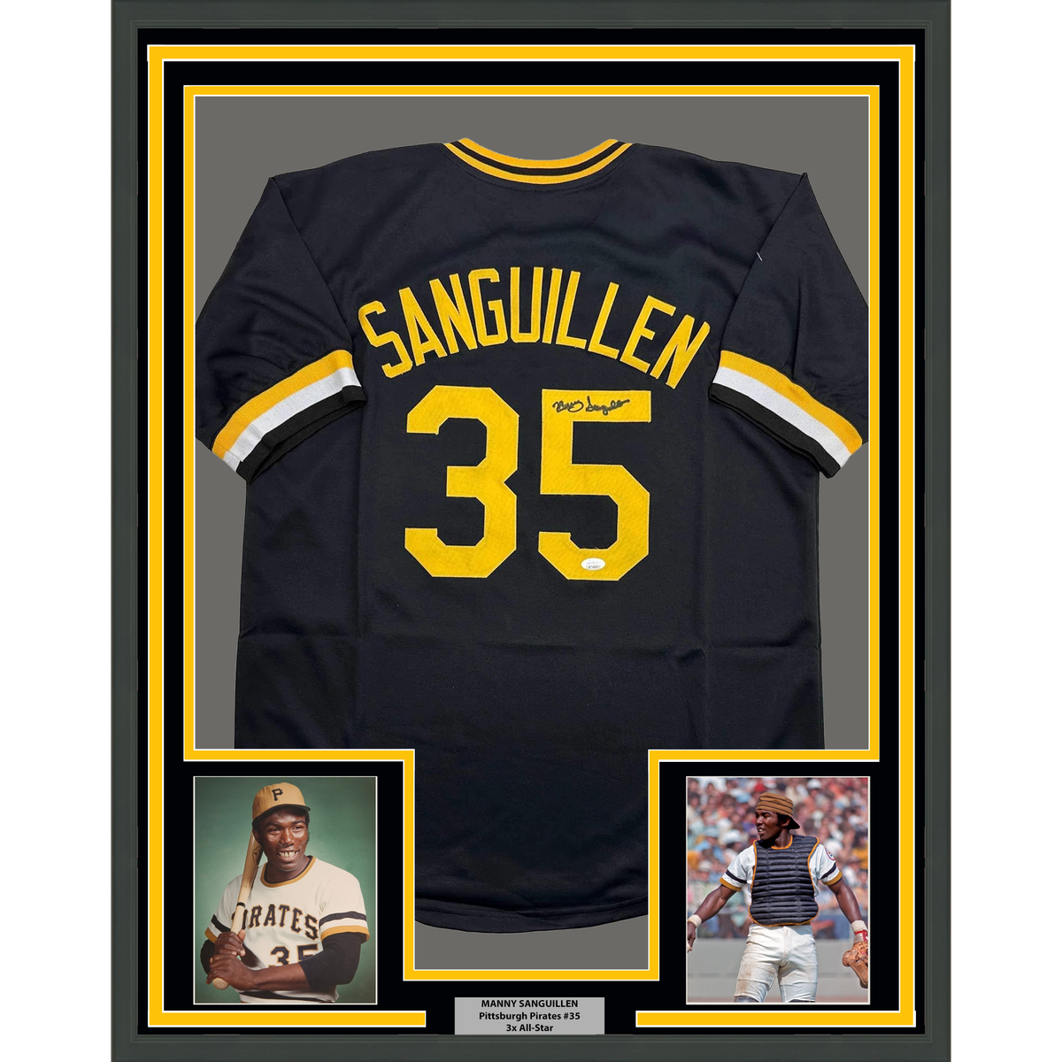 Framed Autographed/Signed Manny Sanguillen 35x39 Pittsburgh Black Baseball Jersey JSA COA