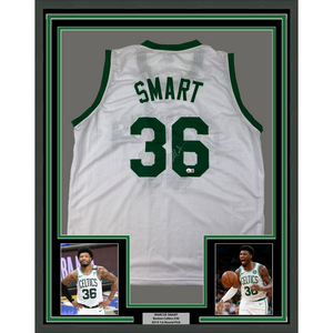 Framed Autographed/Signed Marcus Smart 35x39 Boston White Basketball Jersey Beckett BAS COA