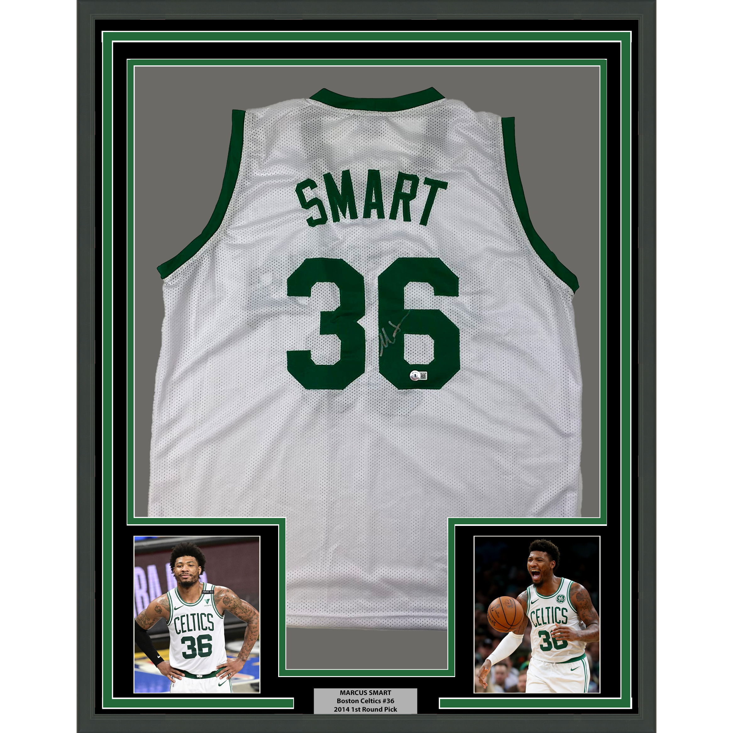 Framed Autographed/Signed Marcus Smart 35x39 Boston White Basketball Jersey Beckett BAS COA