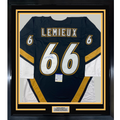 Framed Autographed/Signed Mario Lemieux 35x39 Pittsburgh Black Hockey Jersey PSA/DNA COA