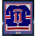 Framed Autographed/Signed Mark Messier 35x39 New York Blue Hockey Jersey JSA COA