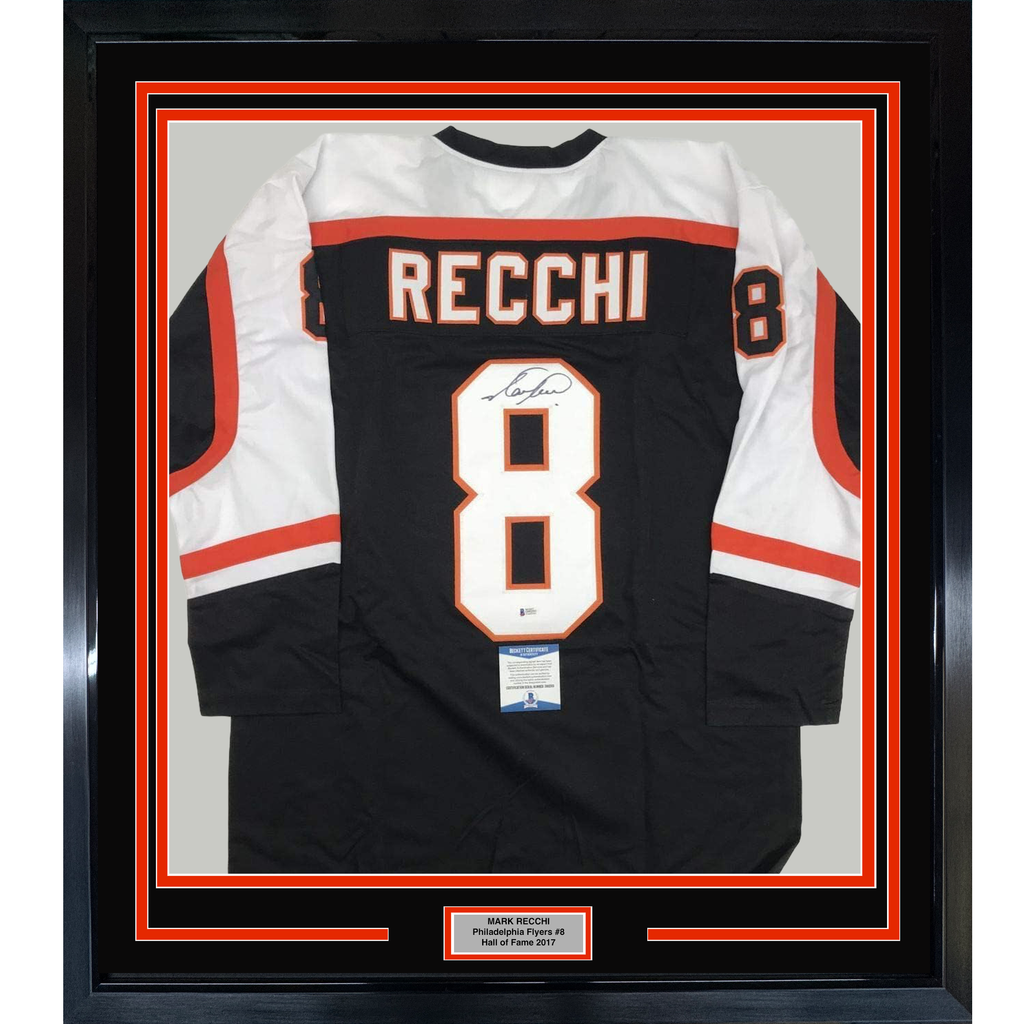 Framed Autographed/Signed Mark Recchi 35x39 Philadelphia Black Hockey Jersey Beckett BAS COA